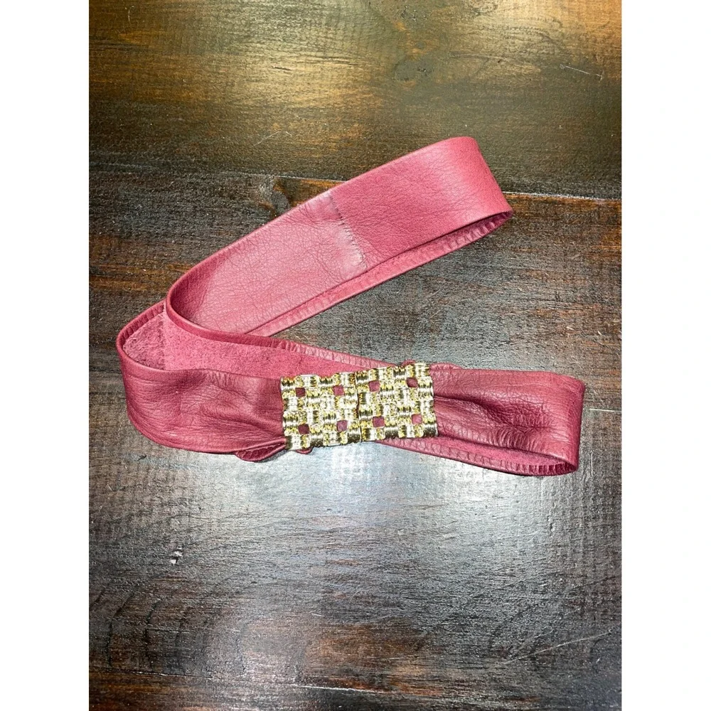 Vintage Ceinture Burgundy Leather Belt Gold Tone Woven‎ Buckle Fashion 80'